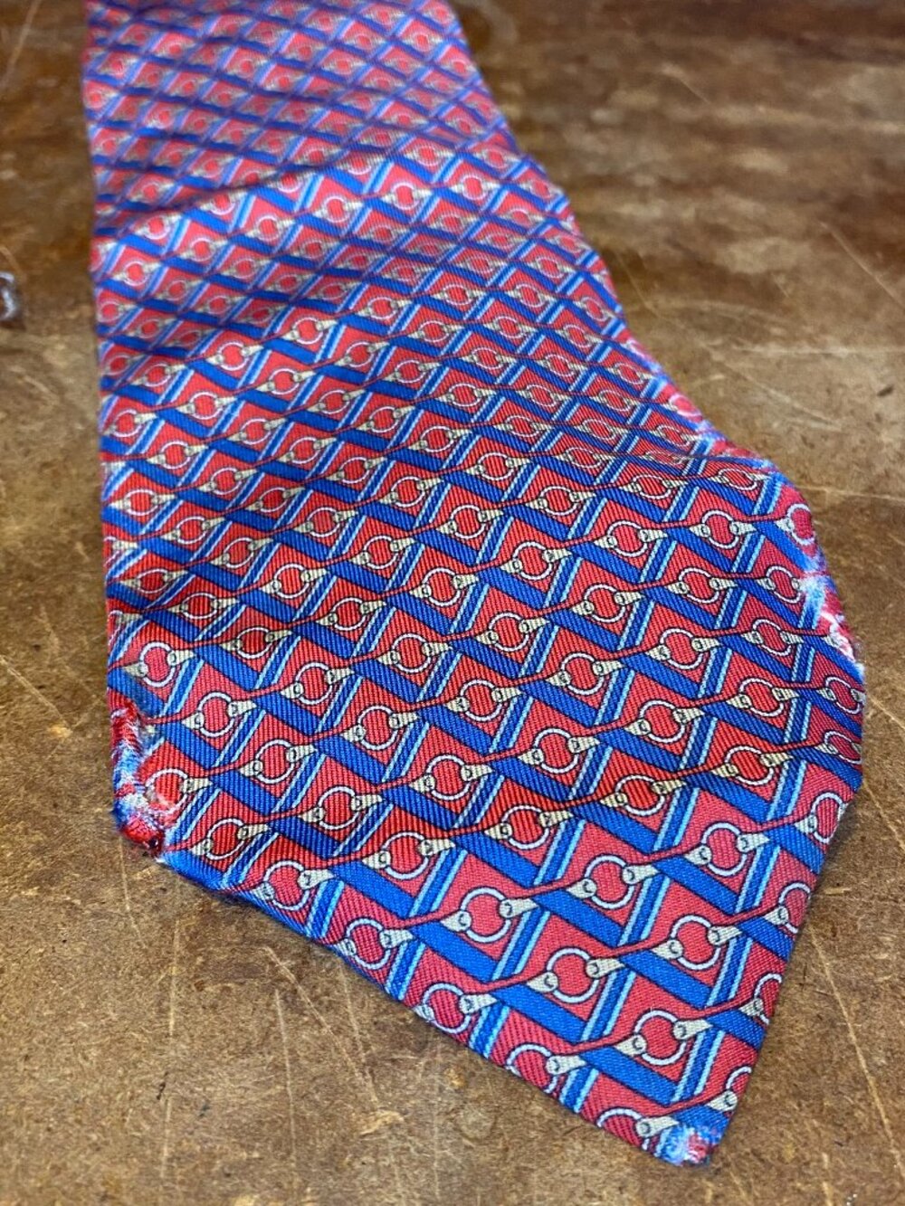 Vintage Gucci 100% Silk Necktie Tie Red and Blue Geometric Made in Italy